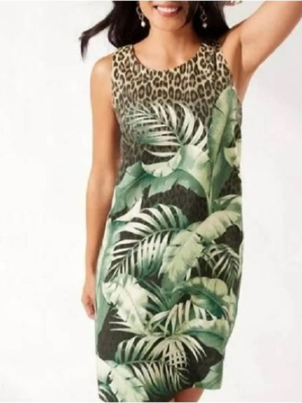 Tommy Bahama Sleeveless Tropical Leaf & Leopard Print Shift Dress - Green